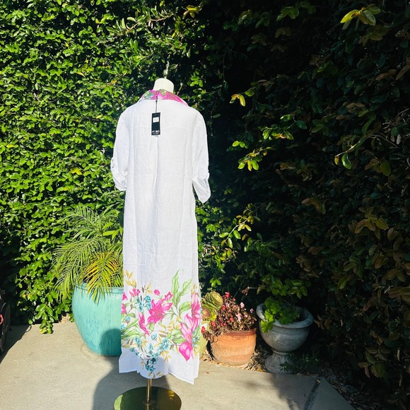 Made in Italy Dresses & Skirts - Made in Italy Womens White Floral Linen Shirt Dress Maxi Roll Tab Sleeve NWT